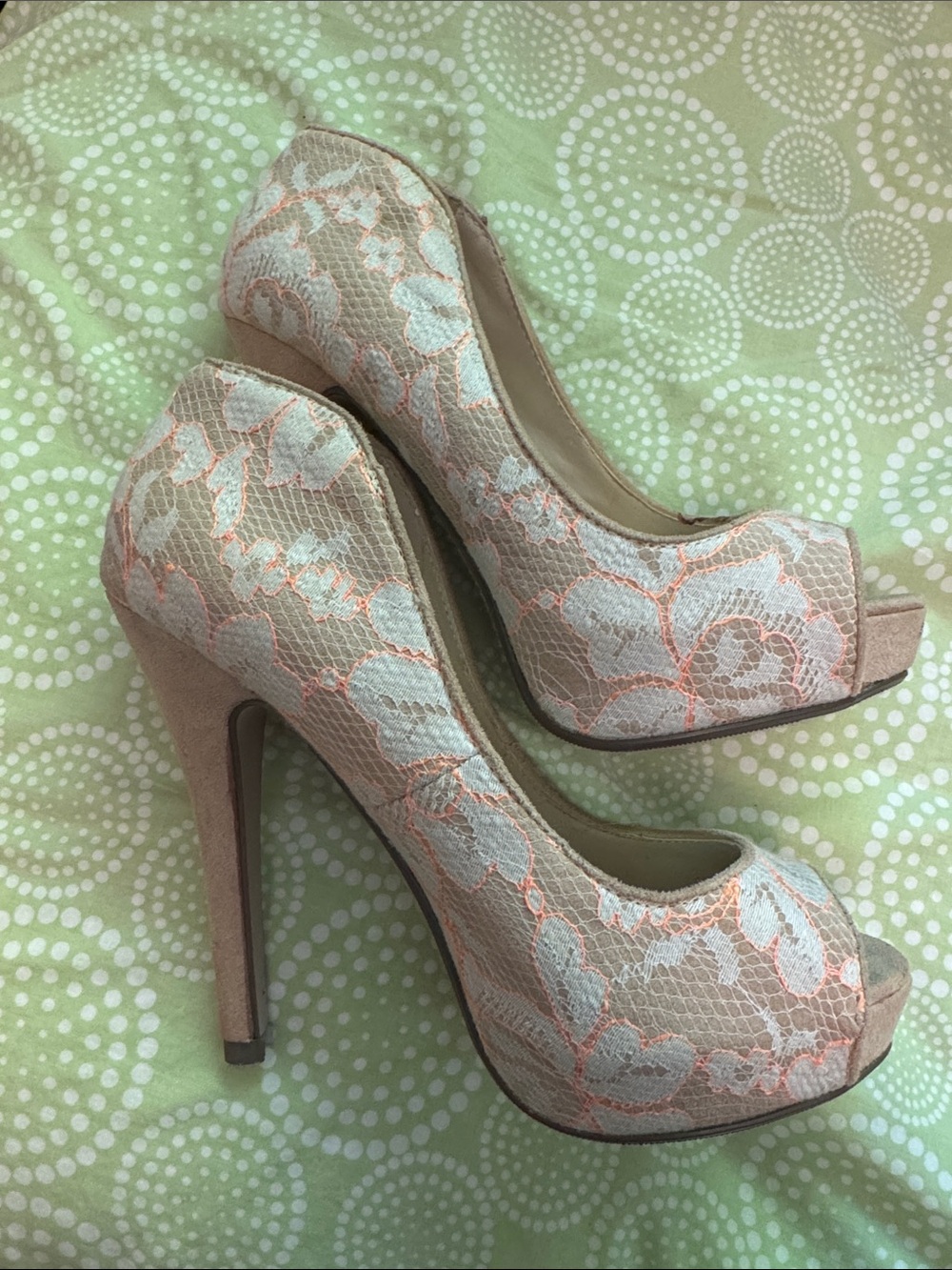 Shi by JOURNEYS Blush Pink and Cream Lace Peep-Toe Heels